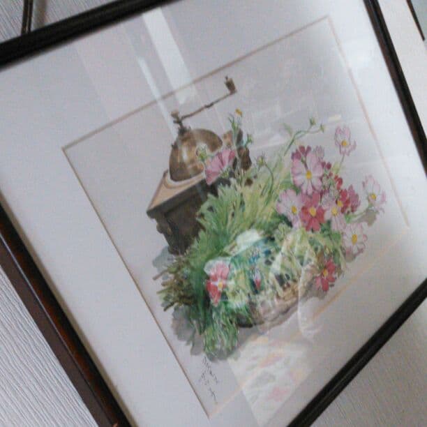 作家物【コスモス水彩画】瑞々しい摘みたてのコスモス♪作家物、額装付き