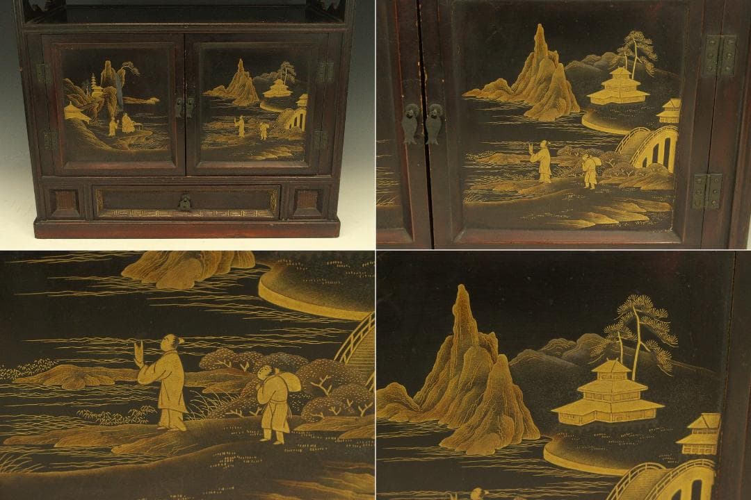 茶道具 楼閣山水人物蒔絵 時代 器局 煎茶 棚(A262)