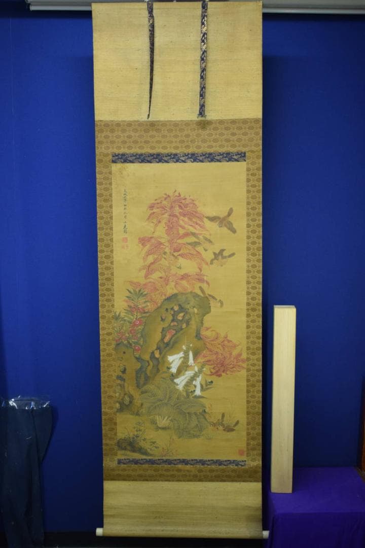 模写/田能村直入/小虎/鶏頭に群雀図/ケイトウ/布袋屋掛軸HE-621