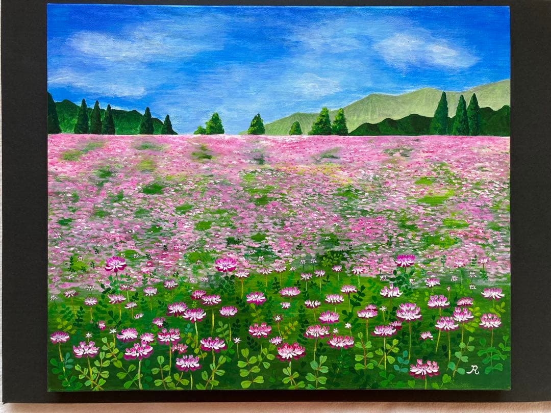 ご依頼品　風景画　花の絵　アクリル画　原画 「れんげ畑2」F8