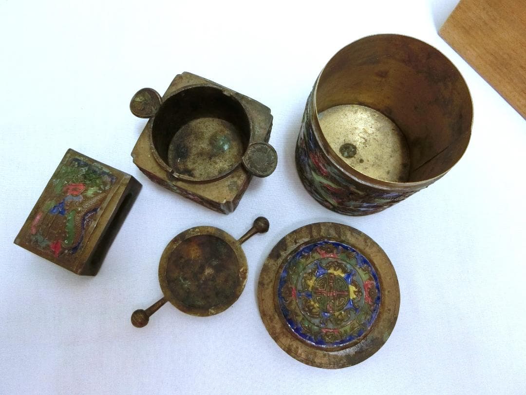 七宝細工！！【七宝容器　３点セット　煙草入れ　灰皿　マッチ立　中国】インテリア