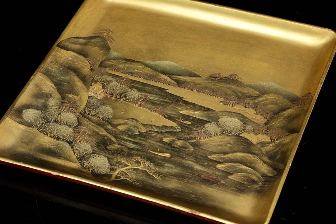 光月銘 蒔絵 山水図 四方盆 金地 風景 蒔絵盆 漆芸 盆 古美術品 骨董品