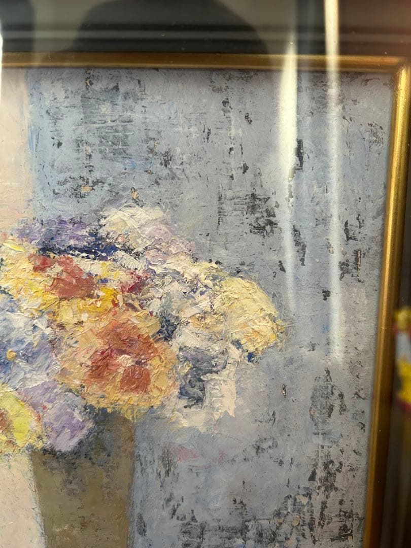 油彩画 辻みつ子「花瓶に生けた花」