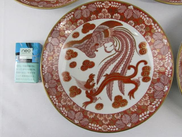 ◇明治期 九谷焼 朝日製 金彩赤絵 細密画 鳳凰文 中皿 5客 Y5-1029◇