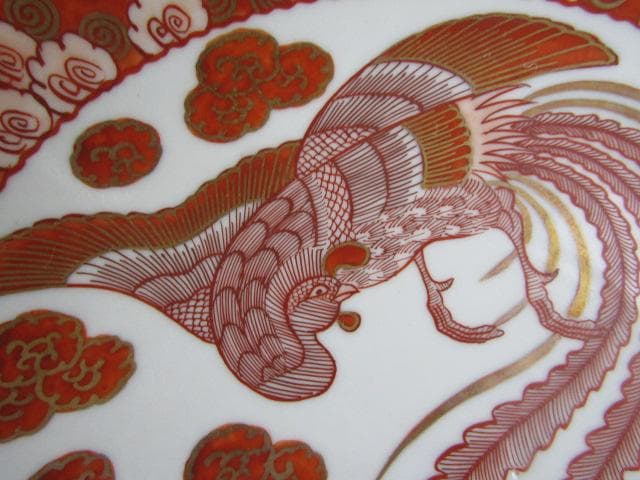 ◇明治期 九谷焼 朝日製 金彩赤絵 細密画 鳳凰文 中皿 5客 Y5-1029◇
