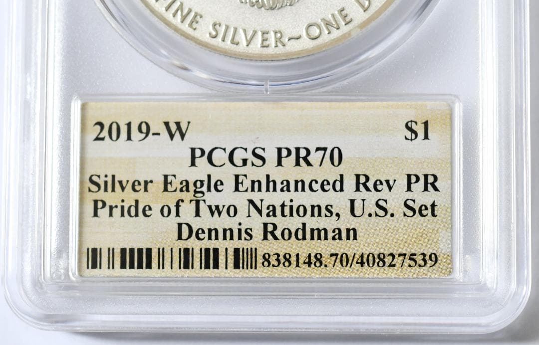 最高鑑定RevPR70　2019年イーグル銀貨　デニスロッドマン　サインラベル