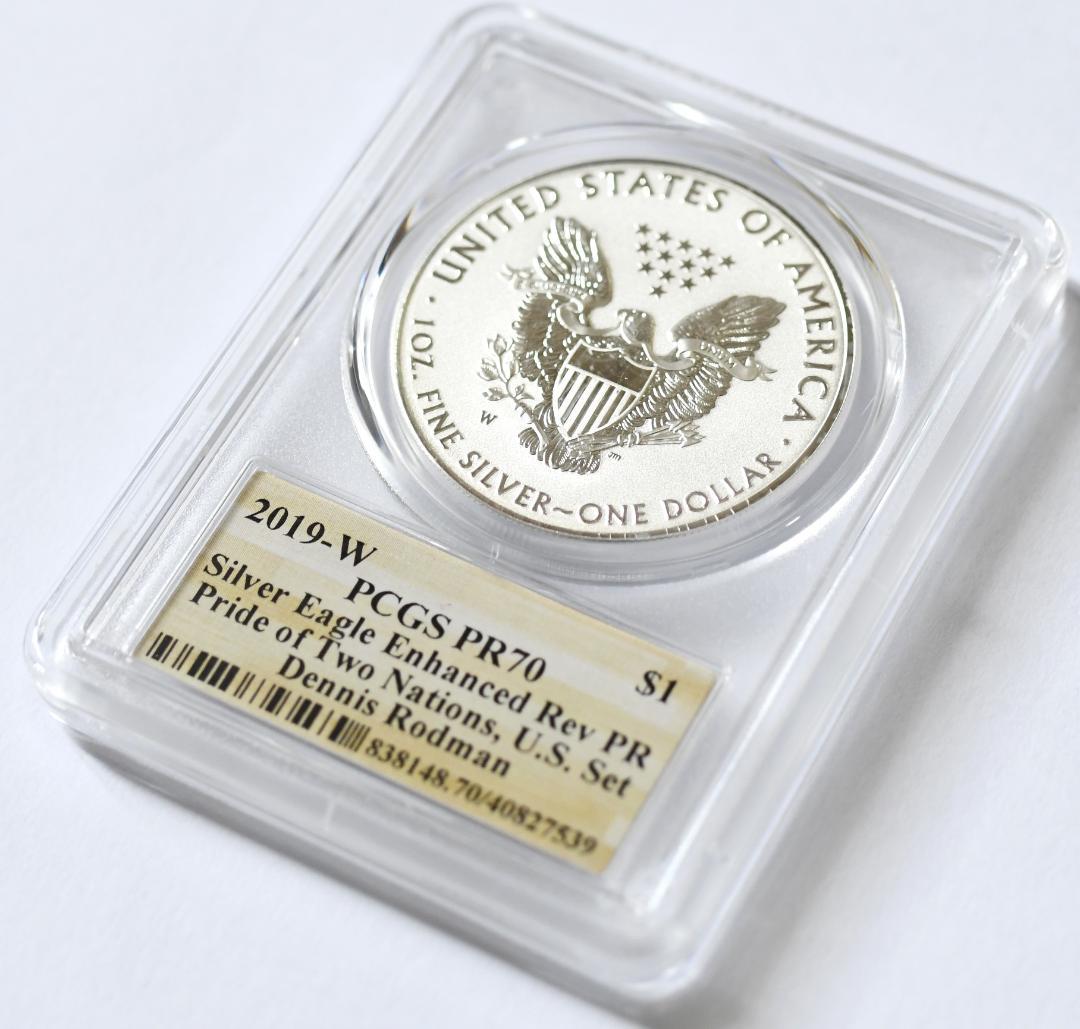 最高鑑定RevPR70　2019年イーグル銀貨　デニスロッドマン　サインラベル