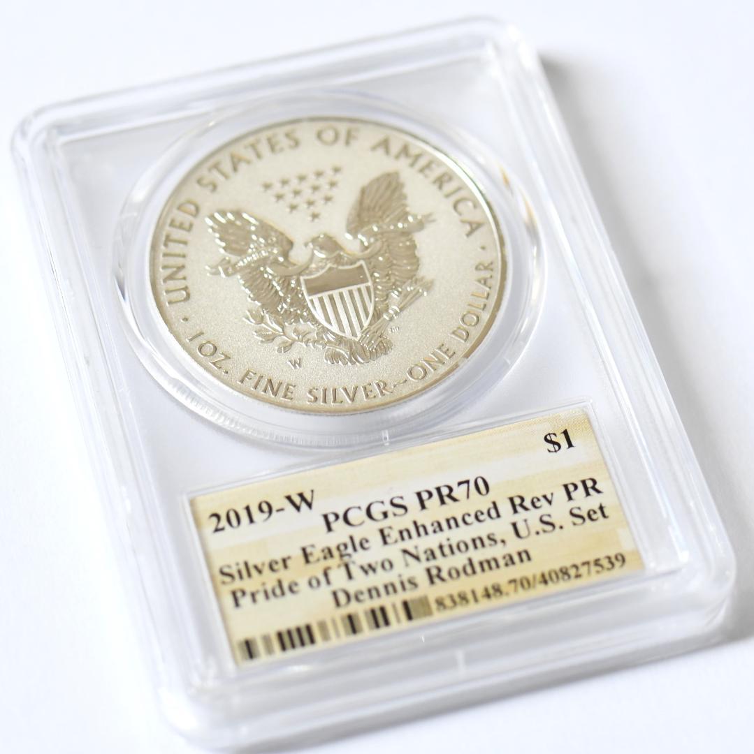 最高鑑定RevPR70　2019年イーグル銀貨　デニスロッドマン　サインラベル
