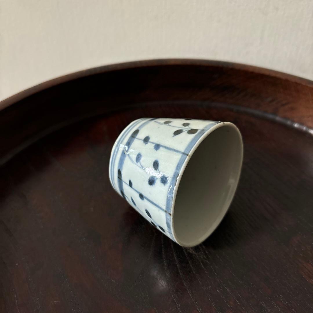 古伊万里染付　格子縞　蔓草文　⑤蕎麦猪口　江戸初期前期　アンティーク　白磁　李朝