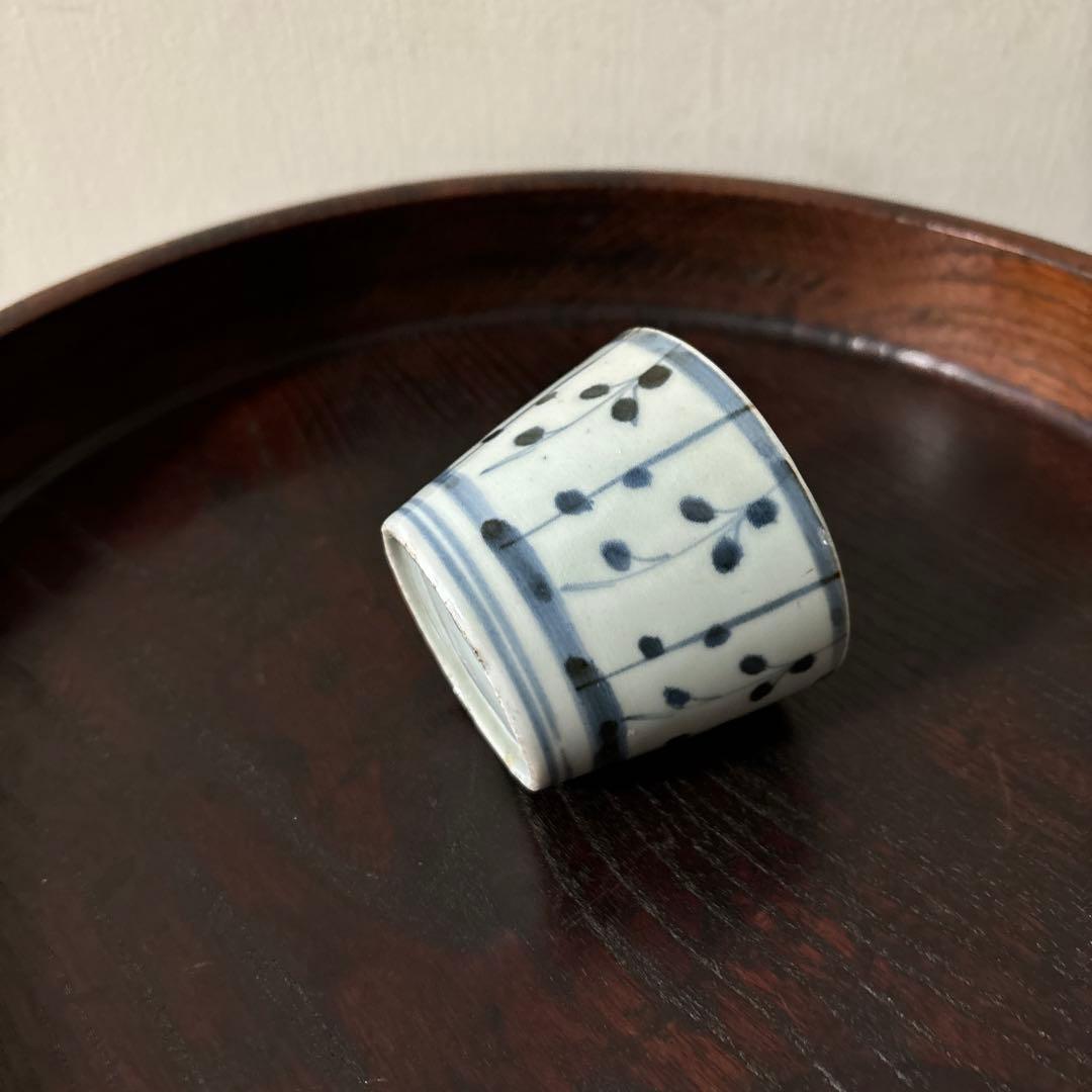 古伊万里染付　格子縞　蔓草文　⑤蕎麦猪口　江戸初期前期　アンティーク　白磁　李朝