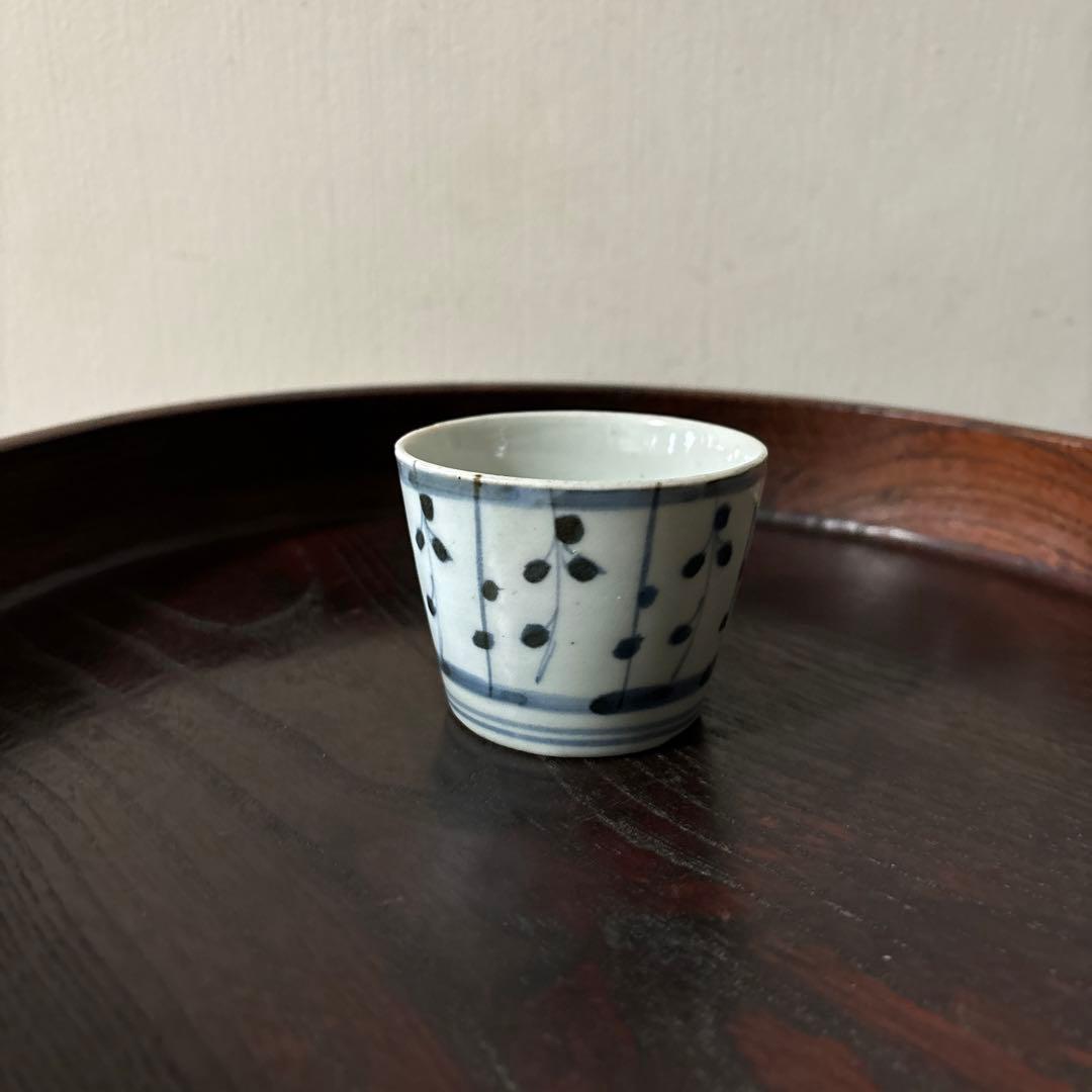 古伊万里染付　格子縞　蔓草文　⑤蕎麦猪口　江戸初期前期　アンティーク　白磁　李朝