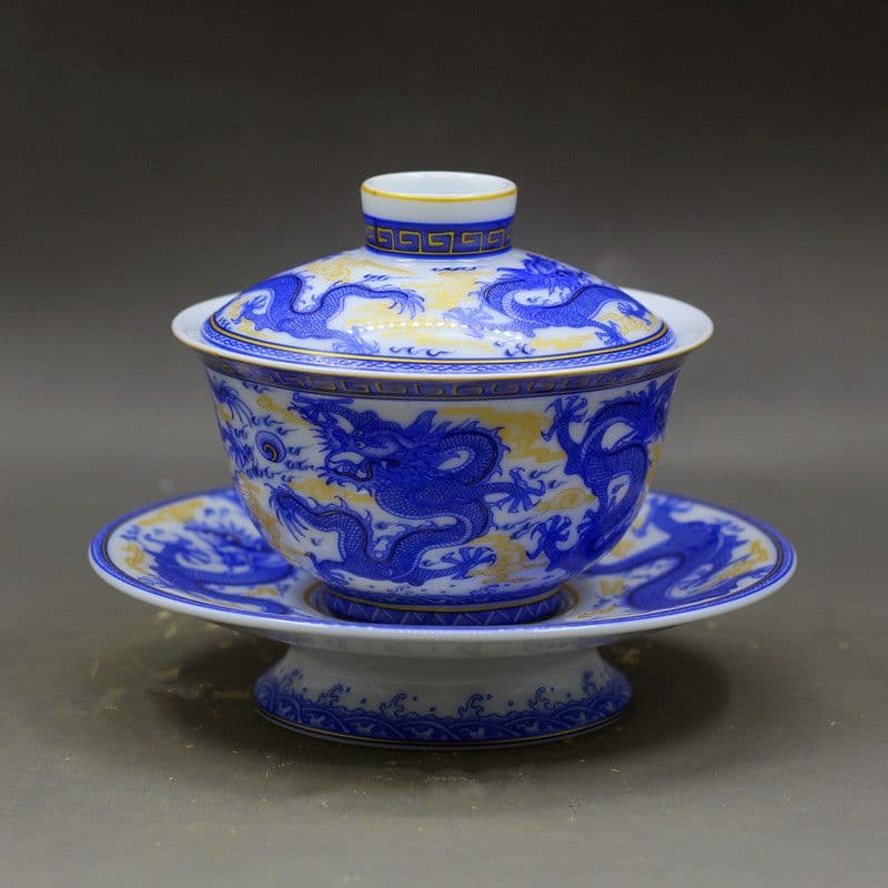 景徳鎮 青花竜紋三才蓋碗 茶碗 湯飲み煎茶器 新品未使用