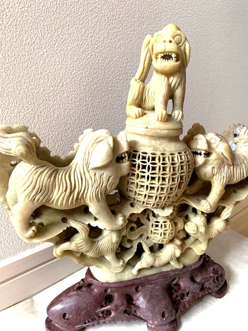 『中国』天然石 青田石 骨董彫刻アンティーク 獅子鈕蓋爐 超大香炉 置物(5)