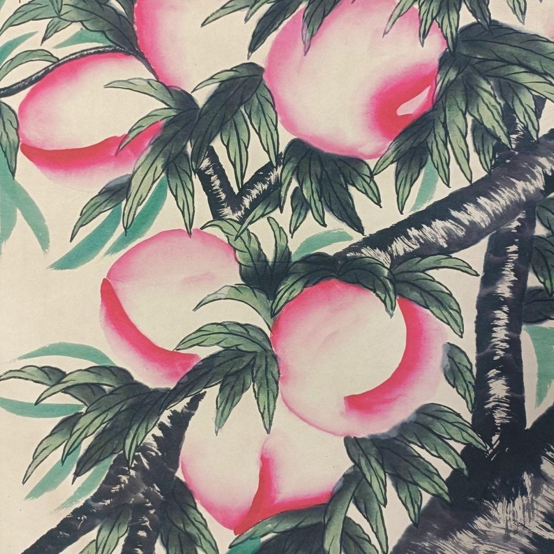 【証書付】斉白石「祝寿図」中堂掛け軸　寿桃・寿老人　70×173cm