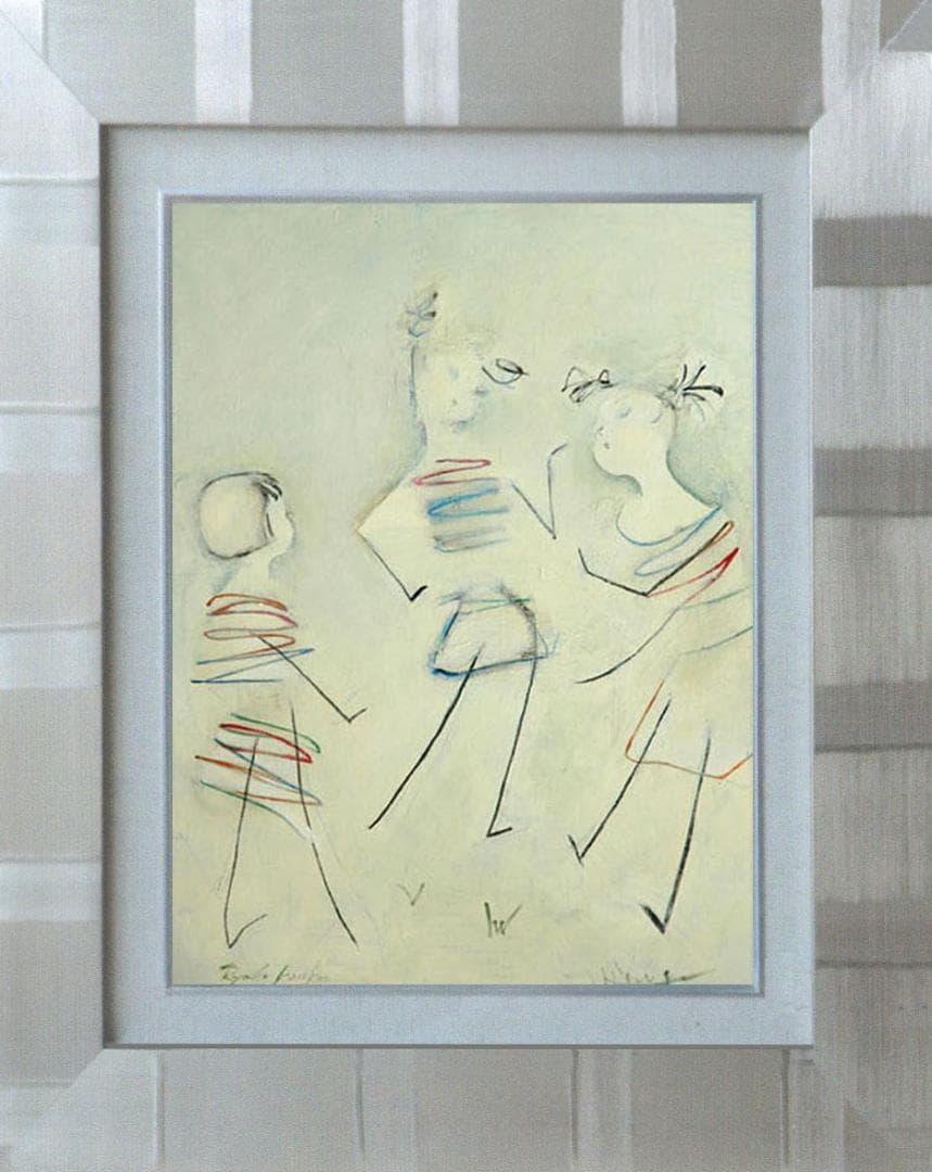 油絵 絵 絵画インテリア 額付(青緑＋金色の枠) F4-051513 可愛い子供