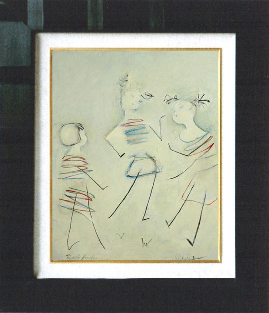 油絵 絵 絵画インテリア 額付(青緑＋金色の枠) F4-051513 可愛い子供