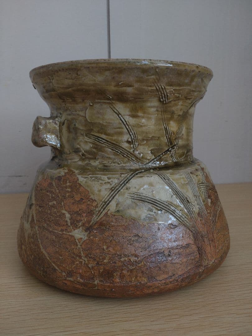 【青瓷名工】灰被伊賀水指　鈴木三成　橘窯　本人作　破れ袋