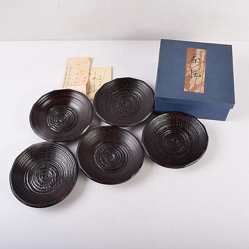 煎茶道具　漆芸家　村瀬治兵衛作　本漆　沢栗　茶托　五客　V　R8903