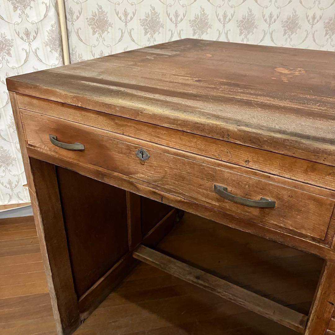 【アンティーク】昭和レトロ 木製 無垢材 片袖机 勉強机 デスク 古家具 古道具