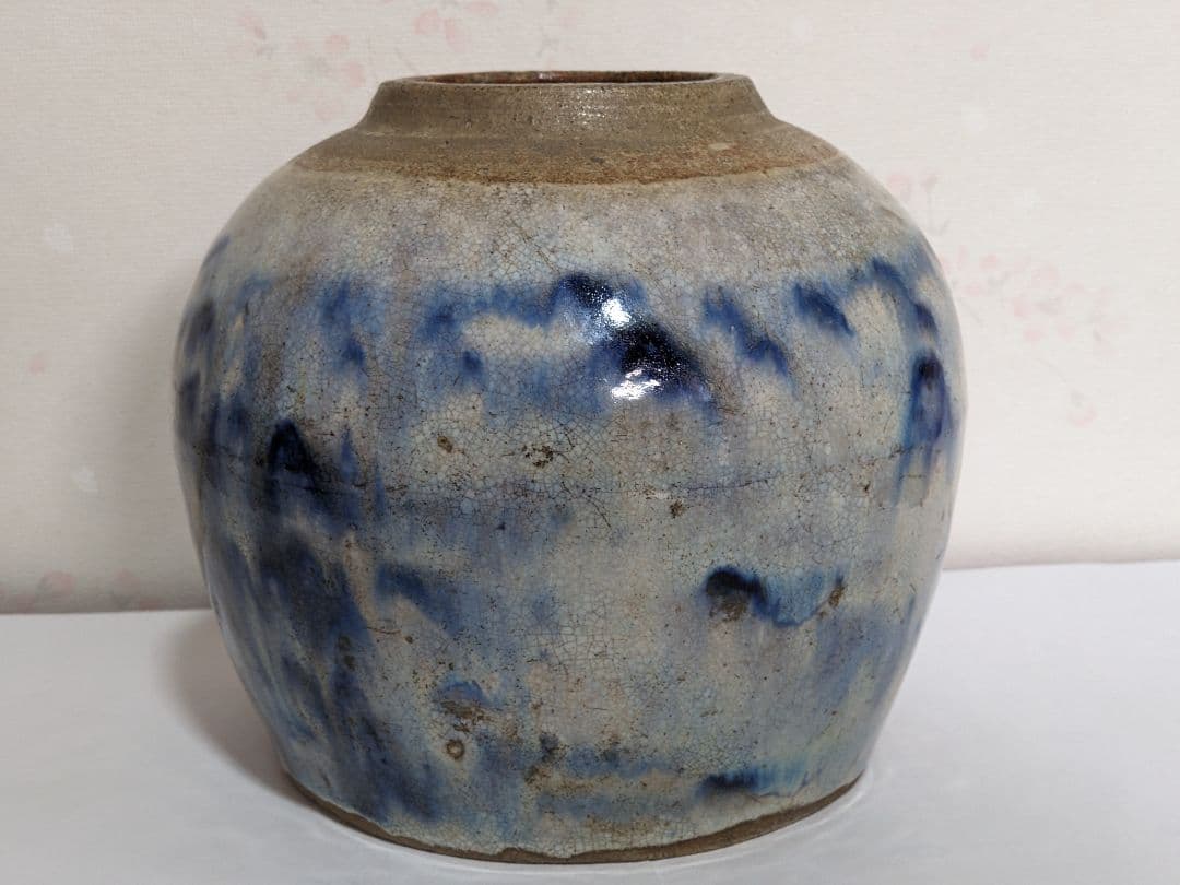 ♦古陶磁 壺 胴継ぎ 染付 藁灰釉 江戸時代 置物飾り 骨董品