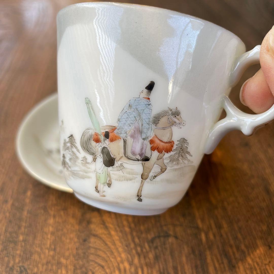 横浜焼 井村製 明治 輸出手 アンティーク カップ＆ソーサー1客  業平東下り図