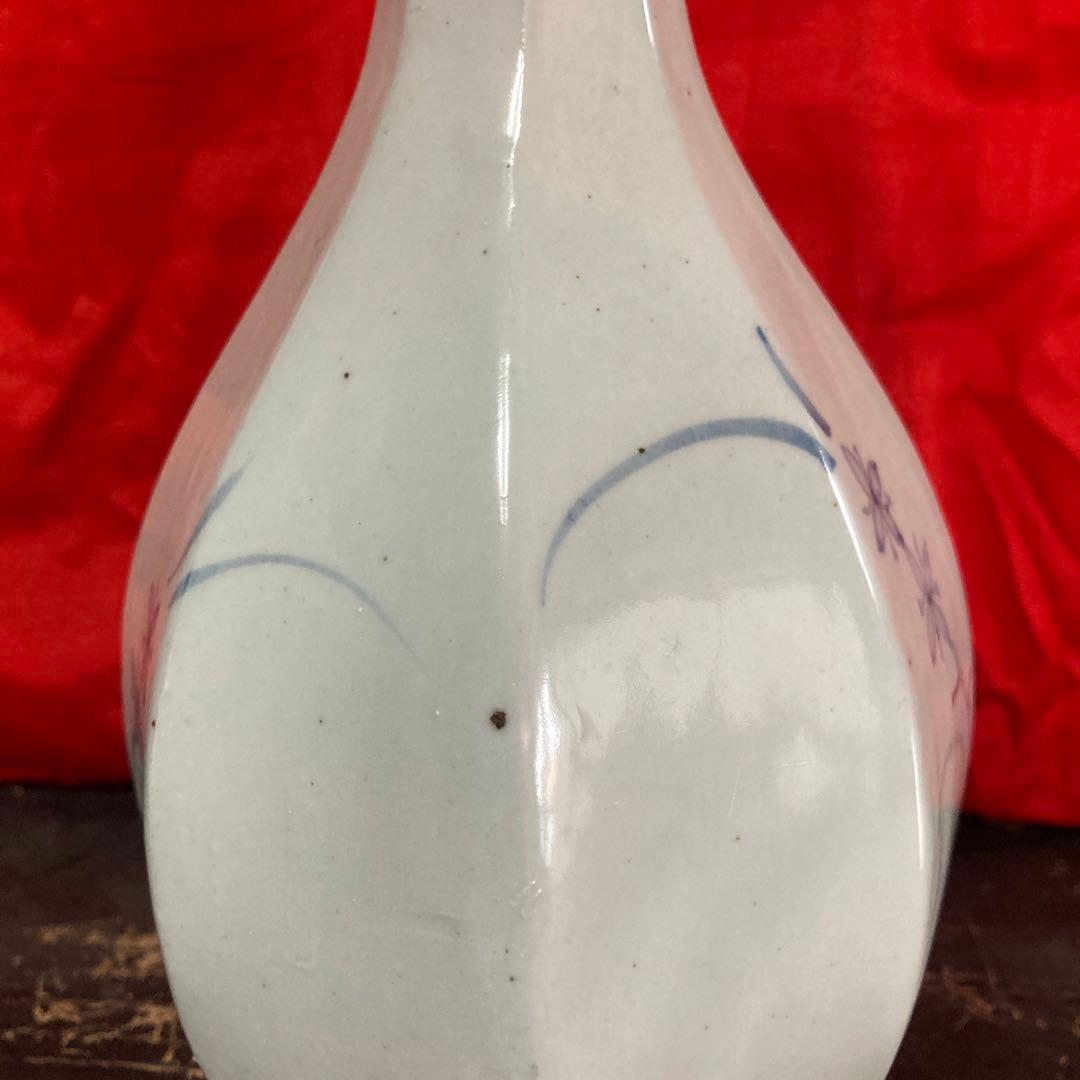 李朝　染付　面取瓶　徳利　秋草文