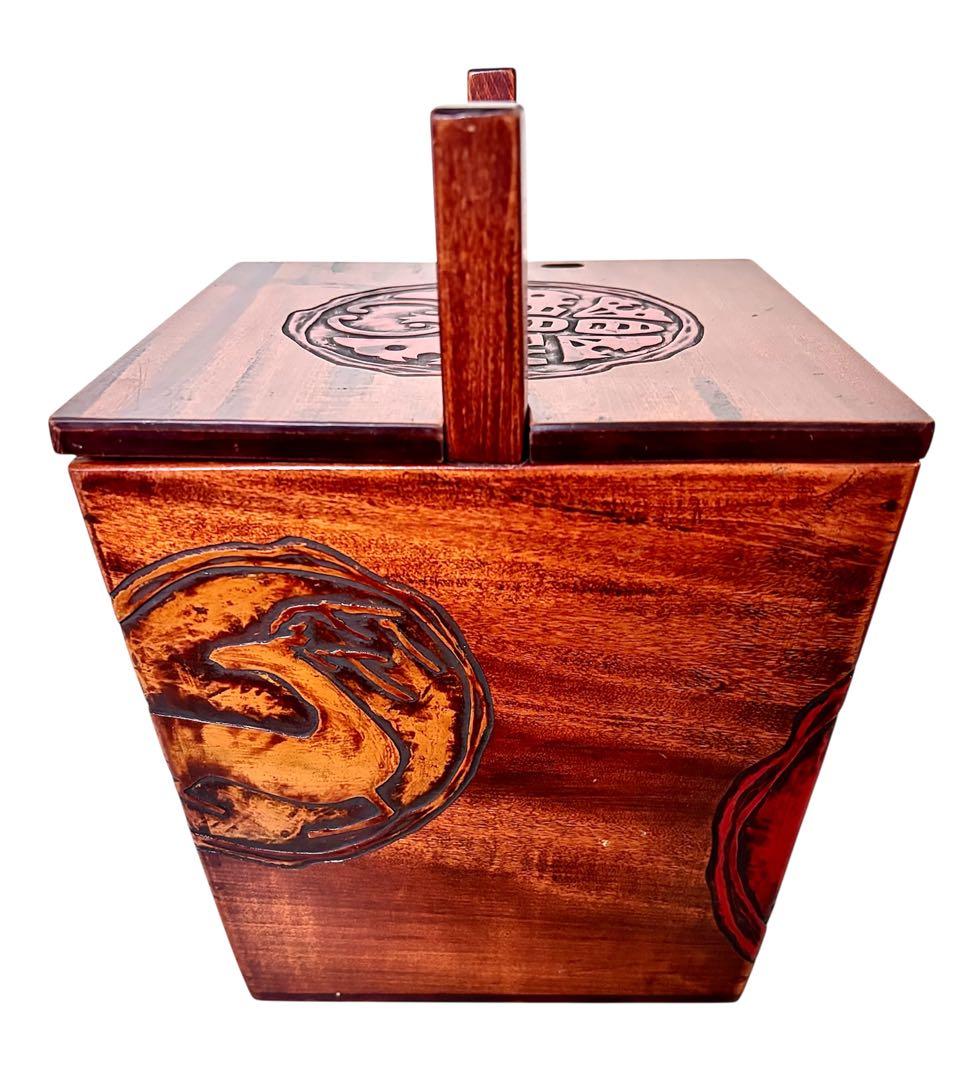 岡山特産　烏城彫　炭斗箱　炭とり箱　茶道具　箱炭　木製　割蓋　伝統工芸品　レトロ