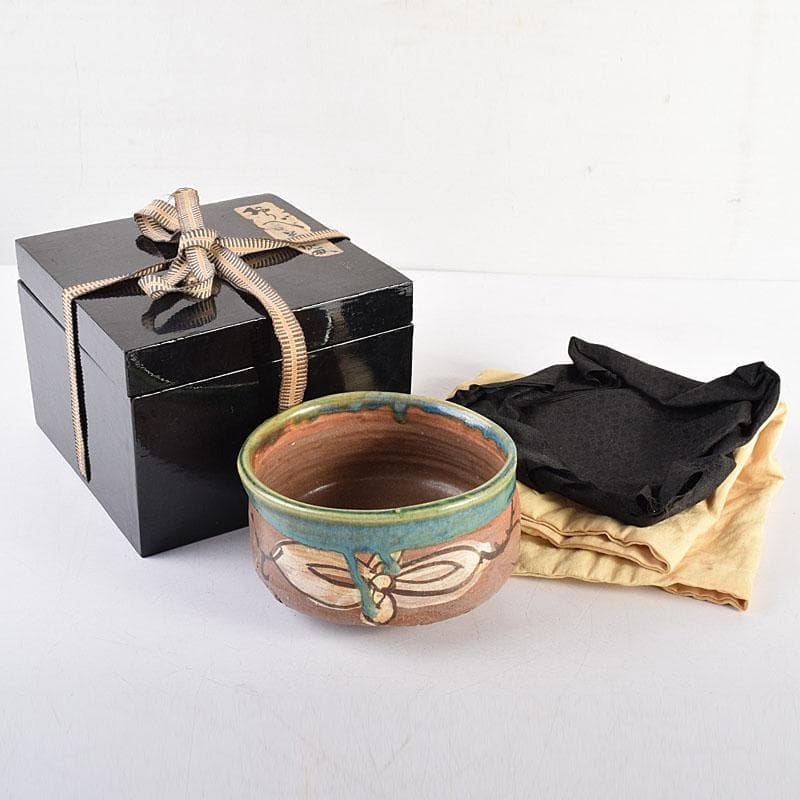 茶道具　徳川中期　織部焼　鳴海織部　沓形茶碗　時代箱　V　R8558