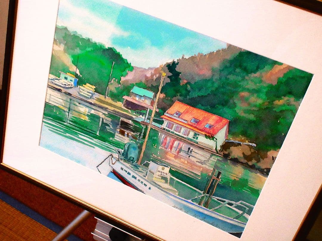 海の風景 水彩画 額装済み 原画 F6サイズ