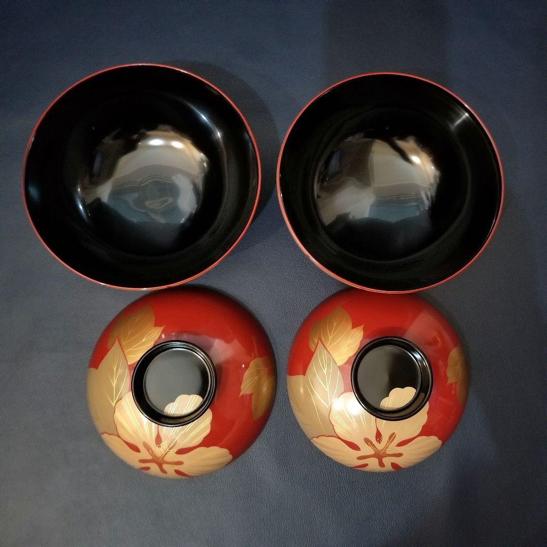 能登輪島塗 朱漆内黒 芙蓉花蒔絵のお椀 5客