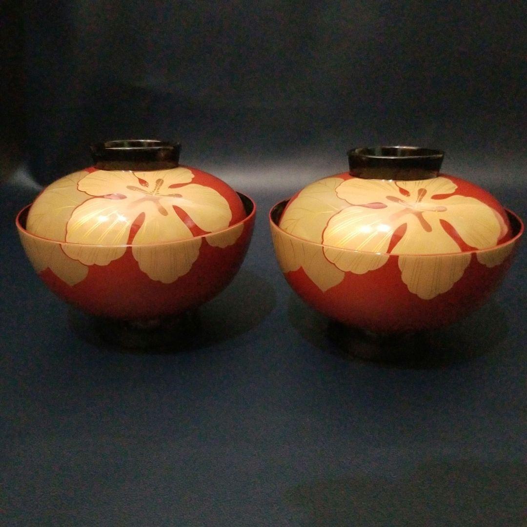 能登輪島塗 朱漆内黒 芙蓉花蒔絵のお椀 5客