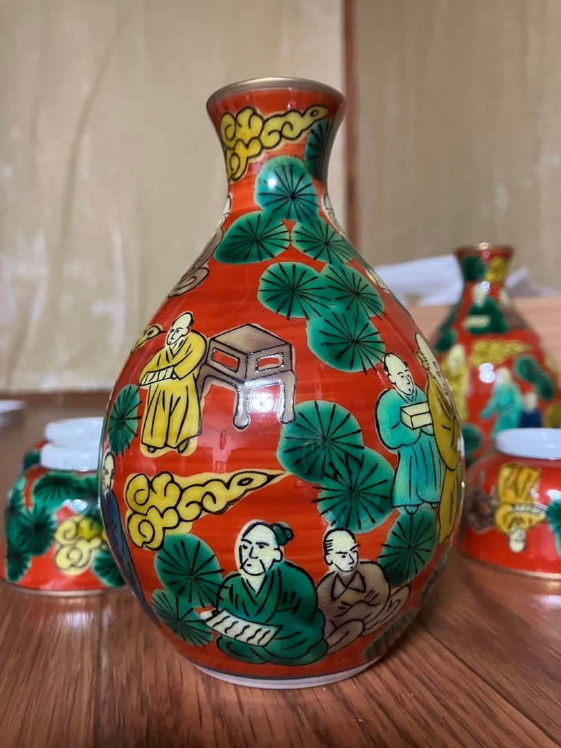 昭和レトロ　アンティーク　青木大米作九谷焼　高級手書き　酒器セット　未使用　木箱