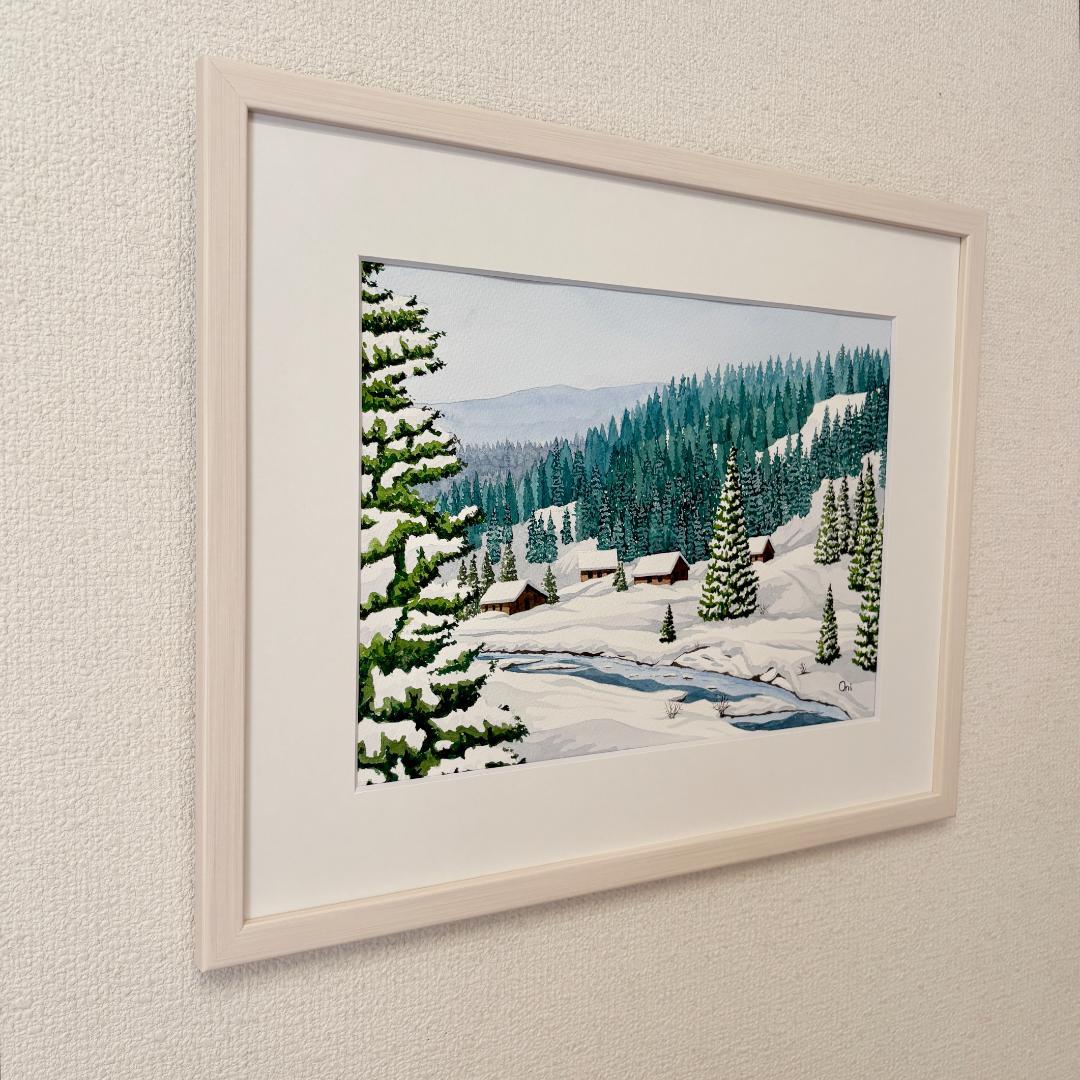 透明水彩画　原画　「雪景色01」額縁付　F4サイズ　風景画
