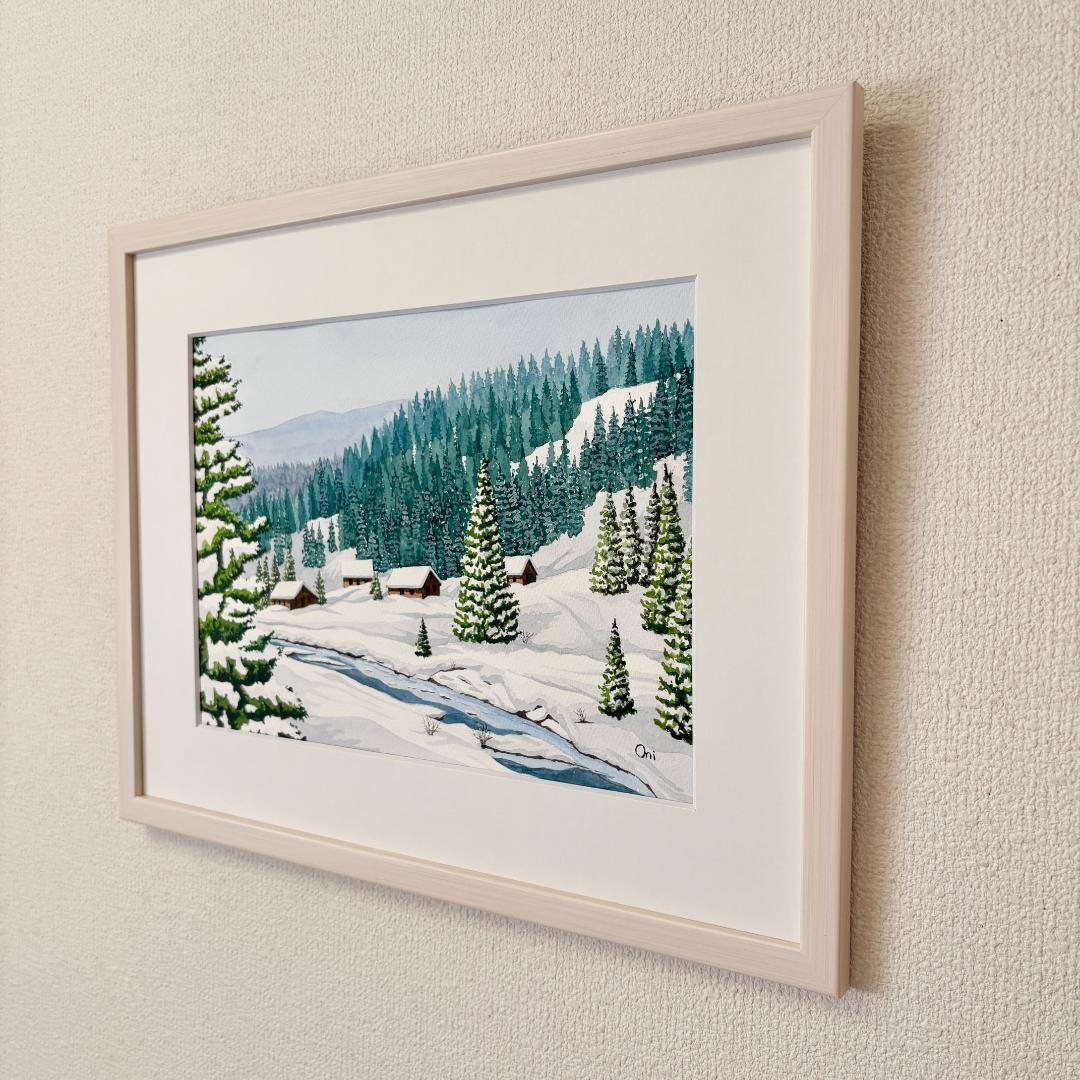 透明水彩画　原画　「雪景色01」額縁付　F4サイズ　風景画