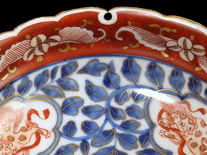 大聖寺伊万里　染錦　獅子に葉唐草の図 　雪輪膾皿　165AS-CTj