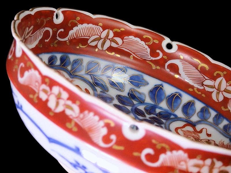 大聖寺伊万里　染錦　獅子に葉唐草の図 　雪輪膾皿　165AS-CTj