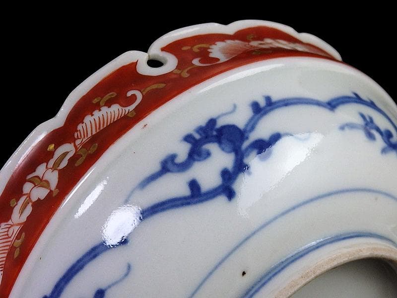 大聖寺伊万里　染錦　獅子に葉唐草の図 　雪輪膾皿　165AS-CTj