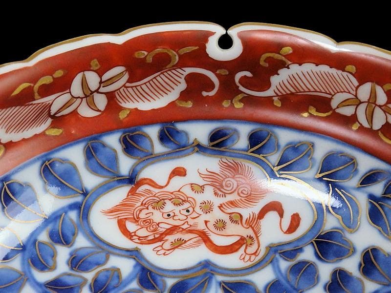 大聖寺伊万里　染錦　獅子に葉唐草の図 　雪輪膾皿　165AS-CTj