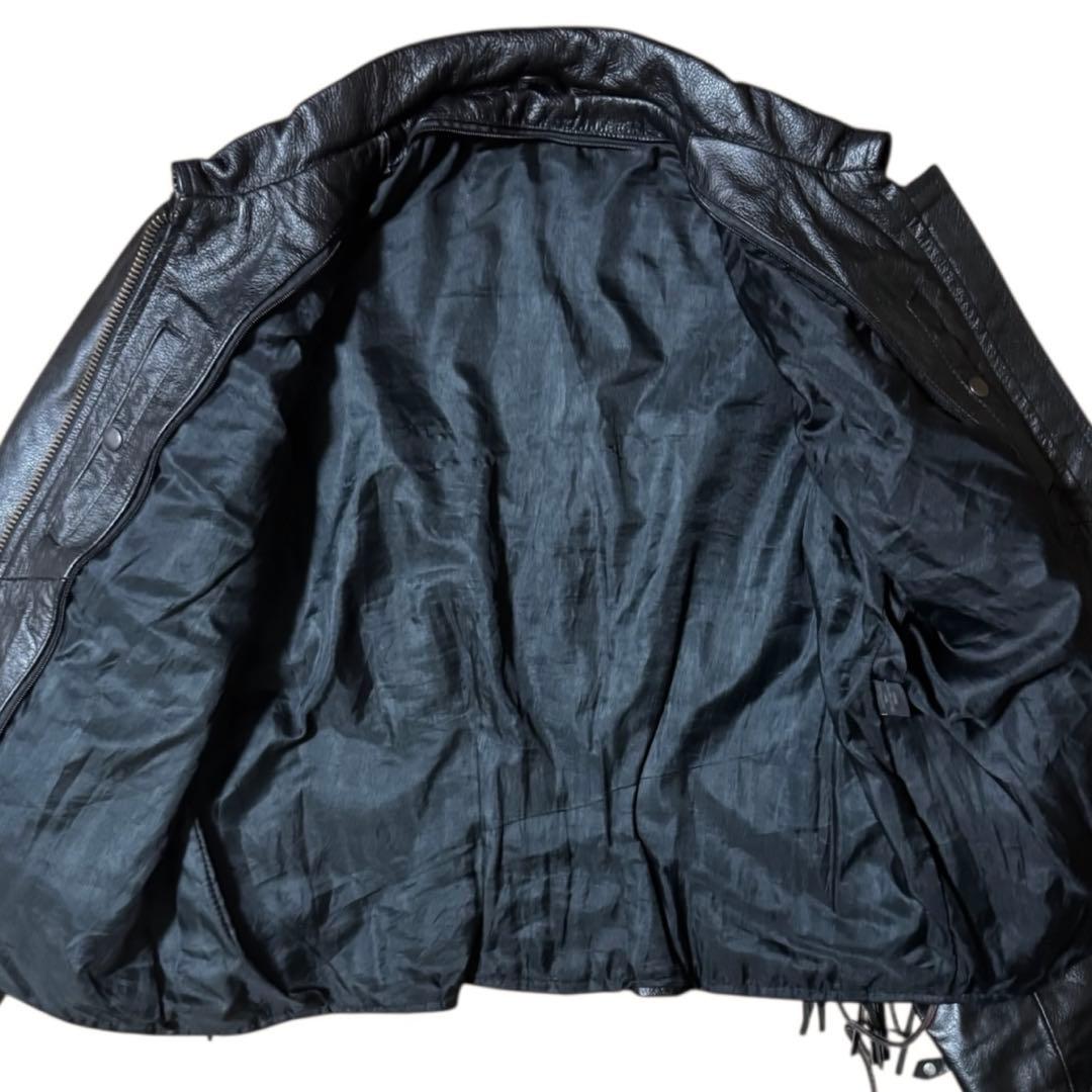 ビンテージ フリンジ レザージャケット 本革 レースアップ ブラック 襟付き