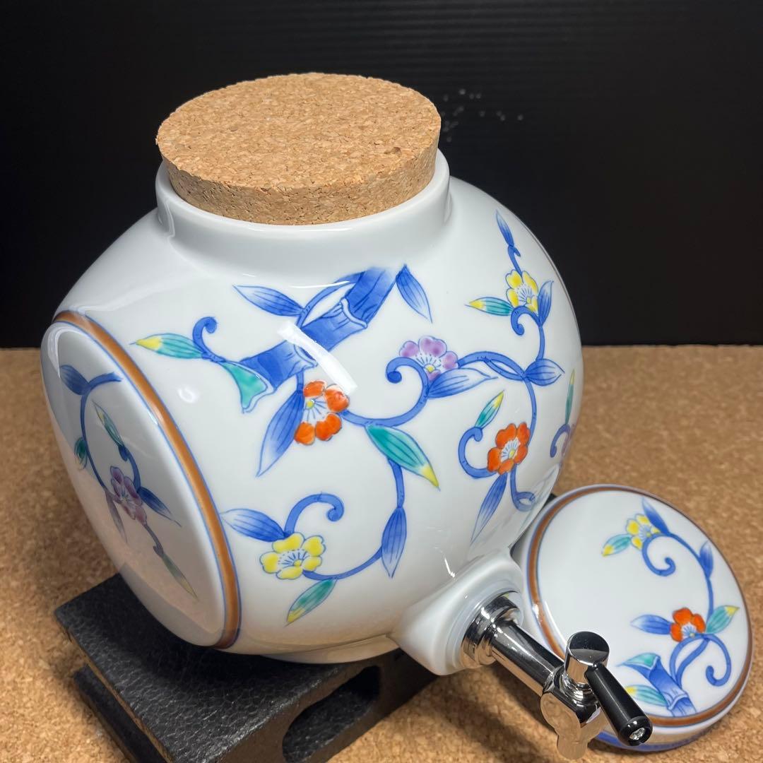 未使用】有田焼.華山萬右衛門窯 染錦枝花酒器/陶器製花枝保冷サーバーセット