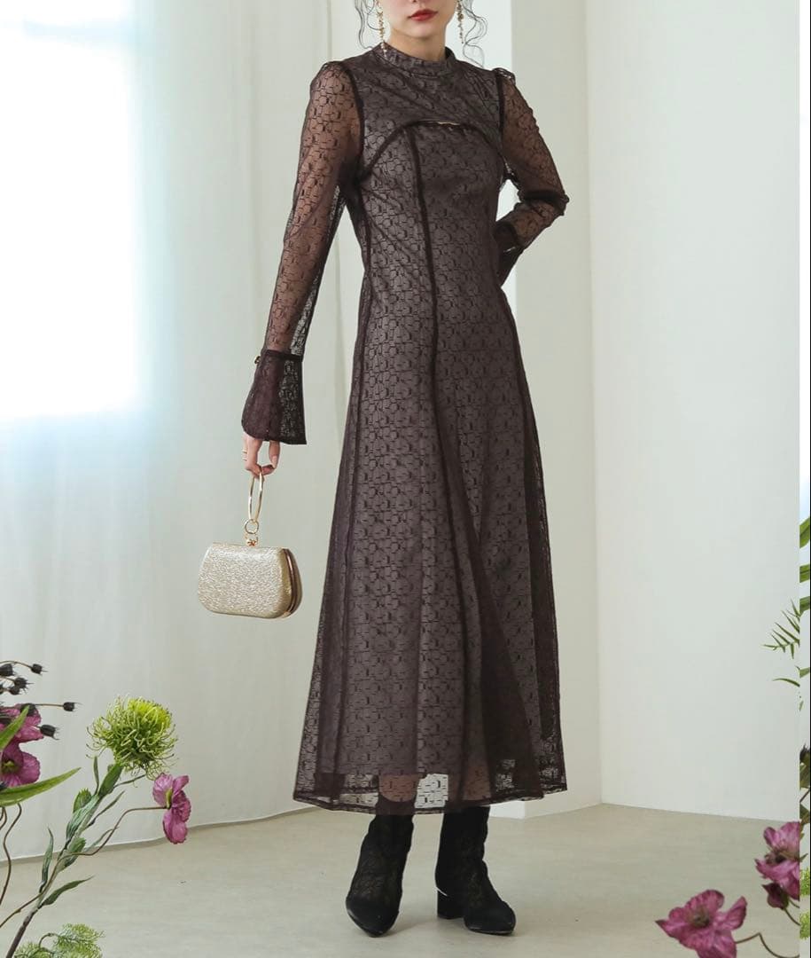 Kana 幾何学柄 レース バックオープン ワンピース パーティー ドレス結婚式