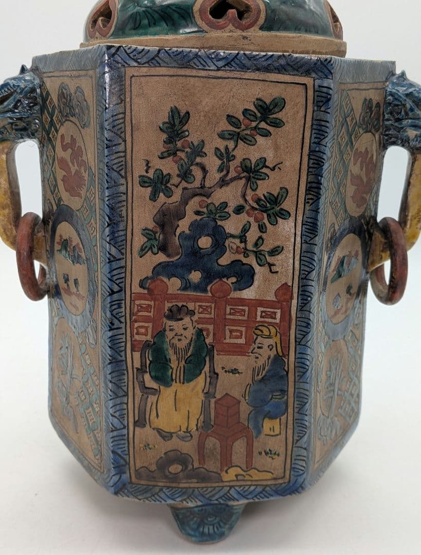 江戸期 古九谷 青手鳳凰摘三足香炉 合箱 角福 九谷焼 色絵窓絵 山水図人物花鳥