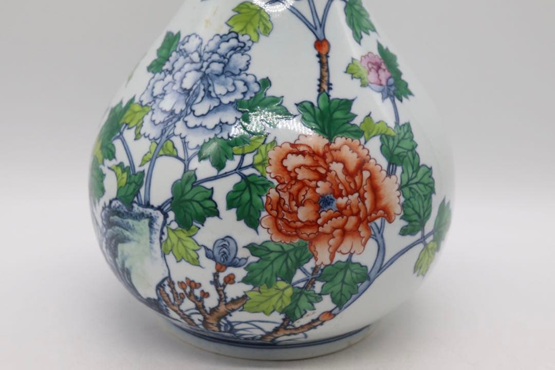 中国　とう彩　花卉紋蒜頭瓶　乾隆年製銘　送料込み250510