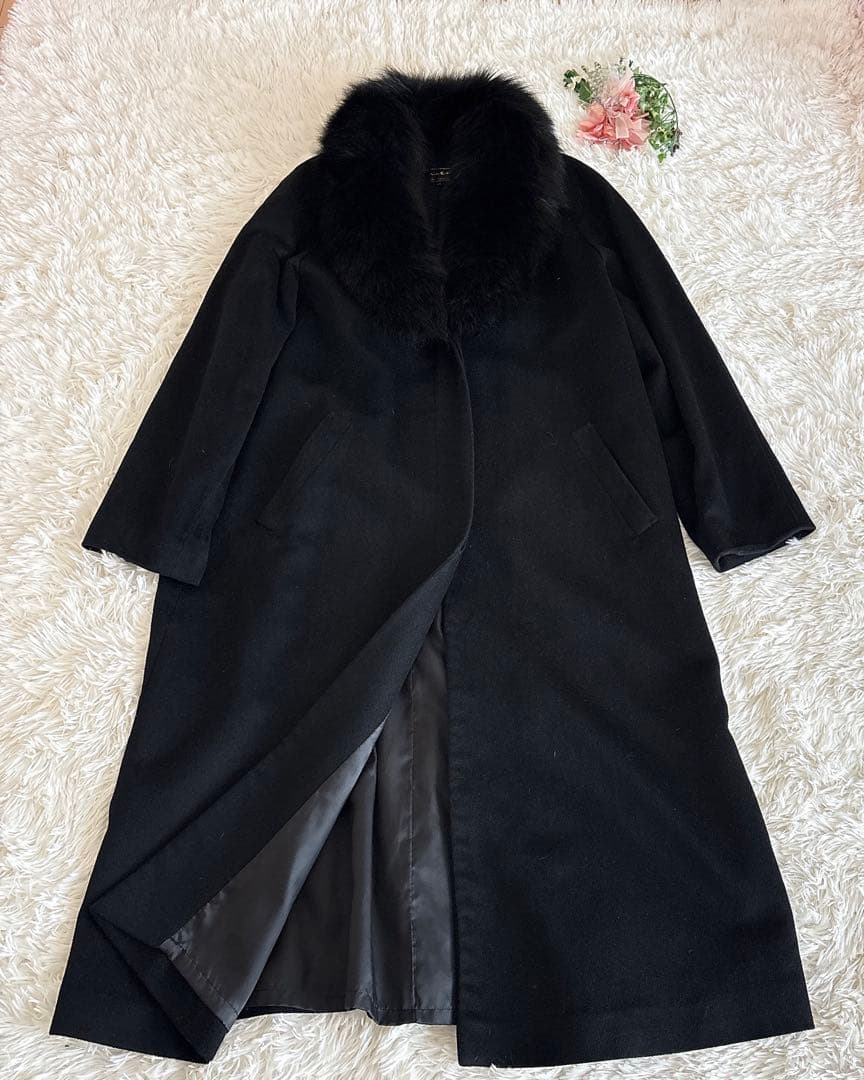 美品mia carnaファー付チェスターコートピュアカシミヤ100%黒ブラック