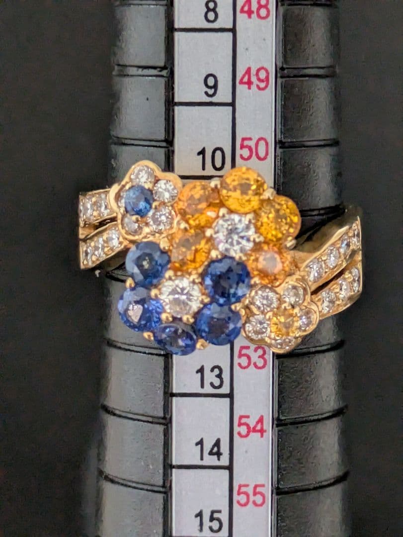 mayuブルーイエローサファイアダイヤモンドフラワーデザイン K18リング