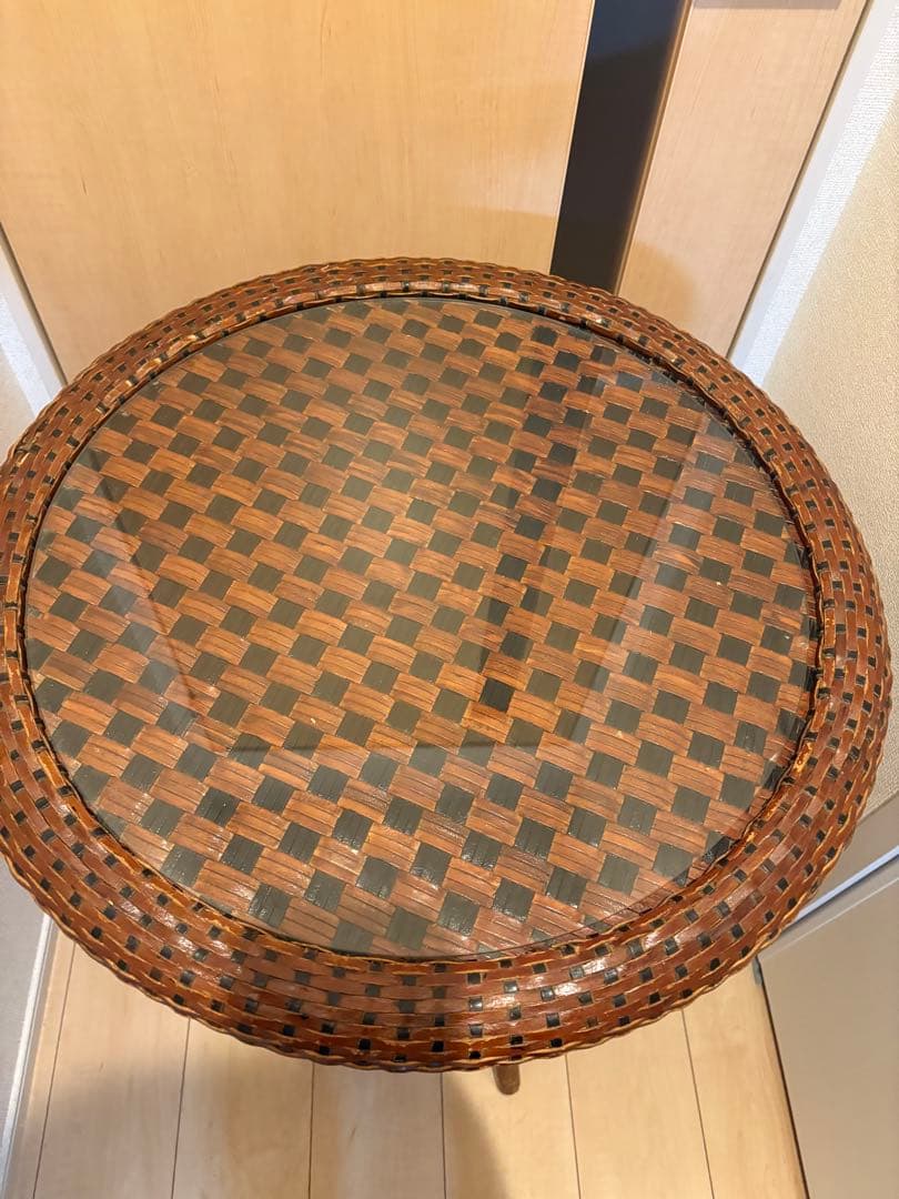 アンティーク　バリ家具　ガラステーブル　籐家具　ラタン　ヴィンテージ