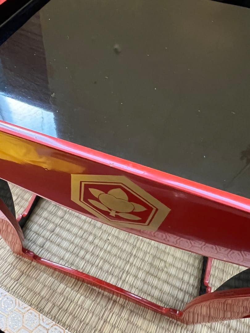 朱塗沈金鶴亀松竹梅文　盃台　五ツ組盃　木箱付　明治時代