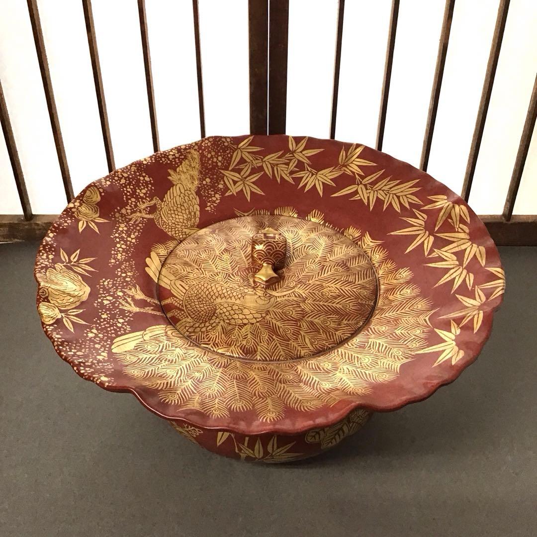 茶道具 水指 砂金袋 金襴手孔雀 桐竹 林 淡幽 造 共箱 Ｎ89a