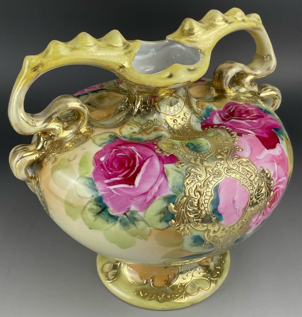 【大型】オールドニッポン 約２２cm アールヌーボー薔薇紋 花瓶 バラ