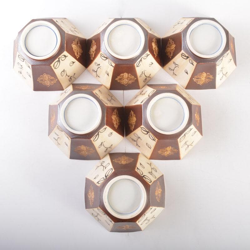 美濃焼　幸兵衛窯　加藤幸兵衛作　鉄絵花草文　八角向付　六客　共箱　C　6857A